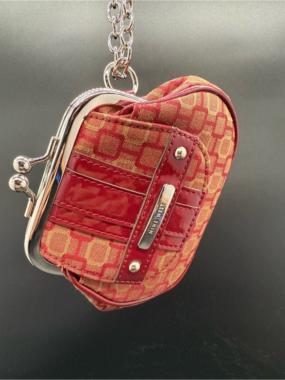 Nine West Vintage Y2K Red Patterned Mini Kiss Lock Coin Pouch with Chain Detail
